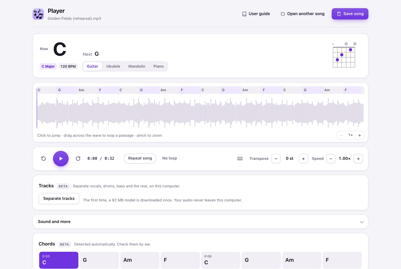 Player preview, 6 Oct 2026, with a synthetic demo song and simulated license. Not a verified result on your music.