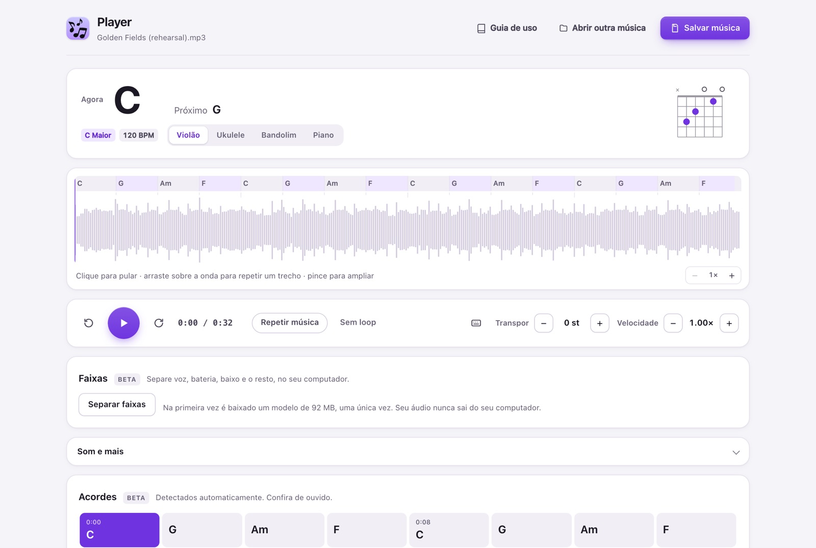 Prévia do Player, 6 out 2026, com uma música de demonstração sintética e licença simulada. Não é um resultado verificado com a sua música.